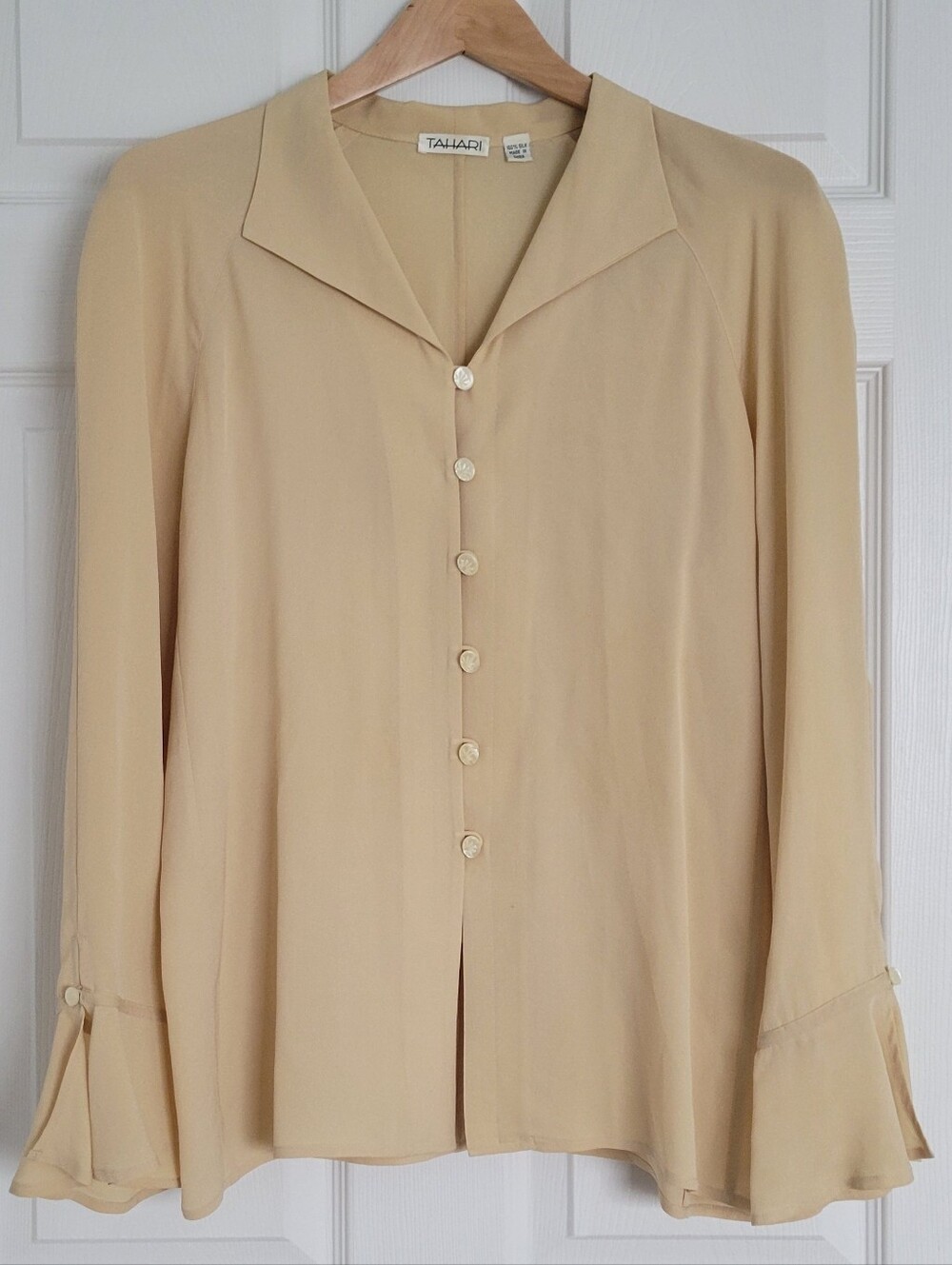 Vintage Tahari 100% Silk Button-Front Long Bell Sleeve Blouse In Golden Yellow